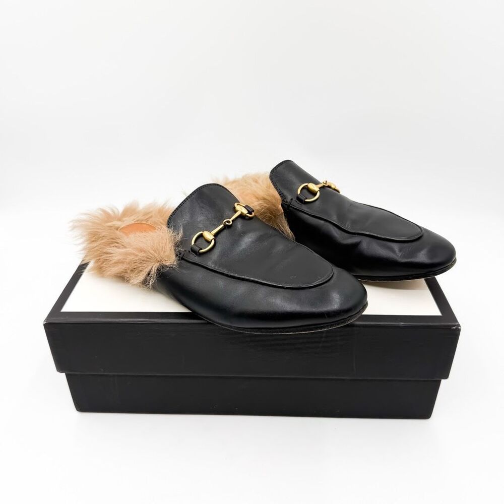 Gucci Princetown Shearling Horsebit Loafer Black Leather Mules EU 39 US 9